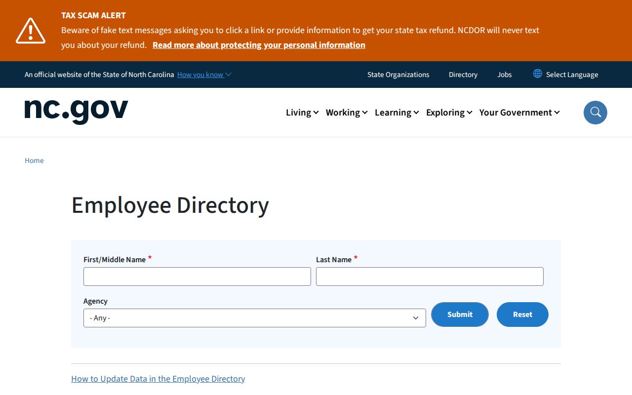 Clemmons people directories view of the North Carolina employee search form