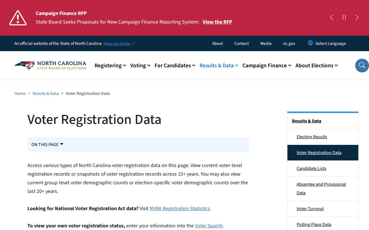 Clemmons voter registration file download page with weekly North Carolina data