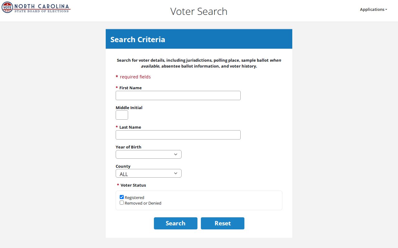 Clemmons voter registration search fields on the North Carolina lookup